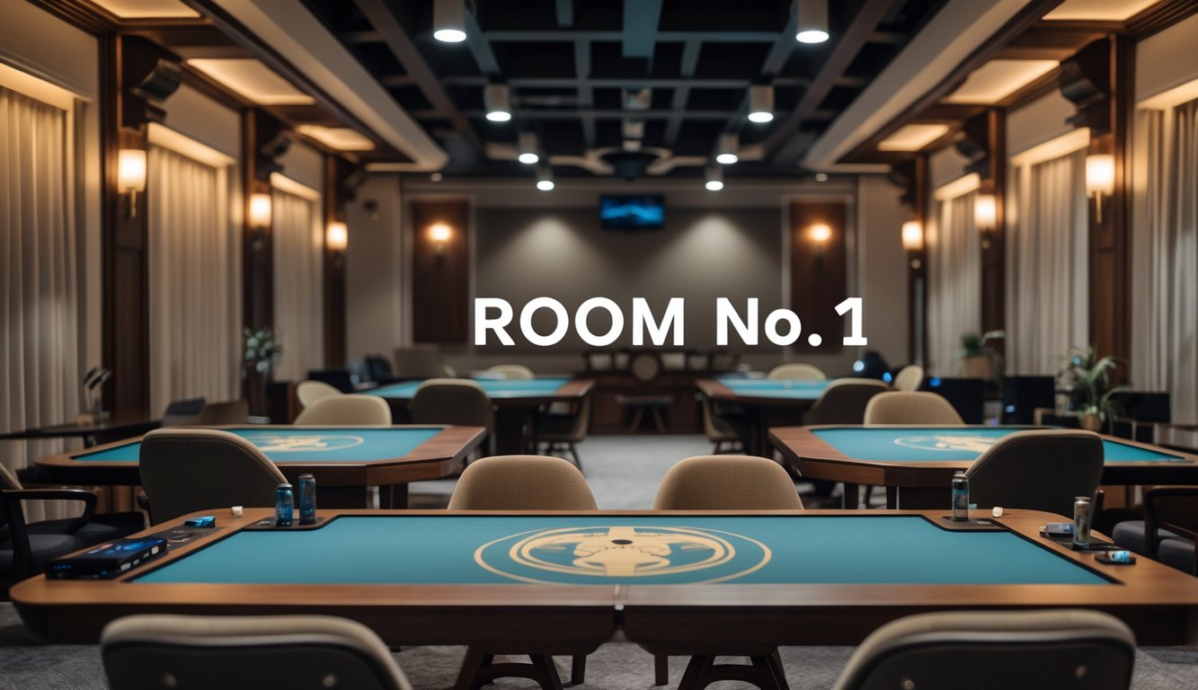 Sebuah ruangan pribadi dengan beberapa meja permainan yang rapi dan pencahayaan hangat tanpa orang di dalamnya.