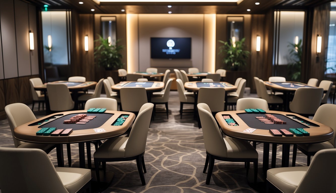 Ruangan bermain kartu pribadi yang rapi dengan beberapa meja permainan dan kursi, pencahayaan hangat, dan dekorasi sederhana.