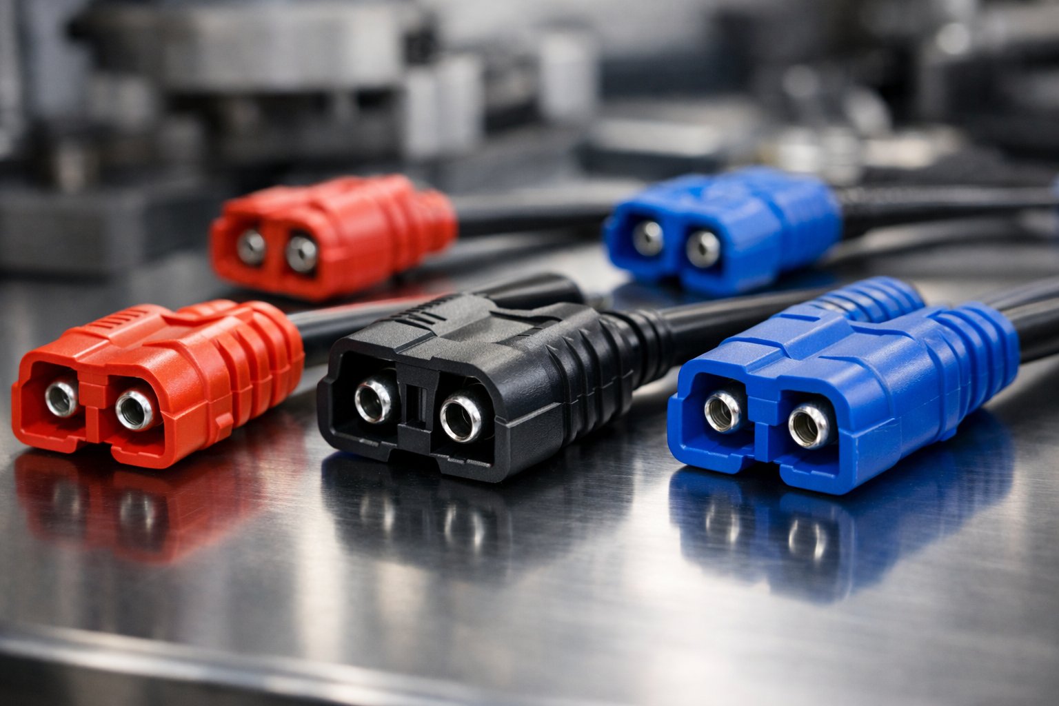 Close-up of colorful custom electrical connectors with molded plastic housings arranged on a clean surface in an industrial setting.