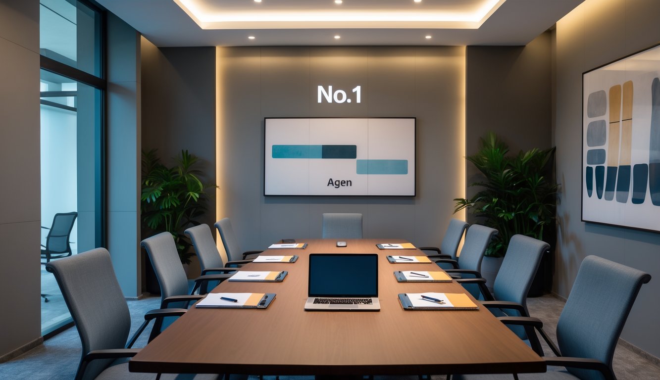 Ruangan pribadi modern dengan meja kayu besar, kursi ergonomis, dan pencahayaan lembut, menampilkan suasana profesional dan terpercaya.