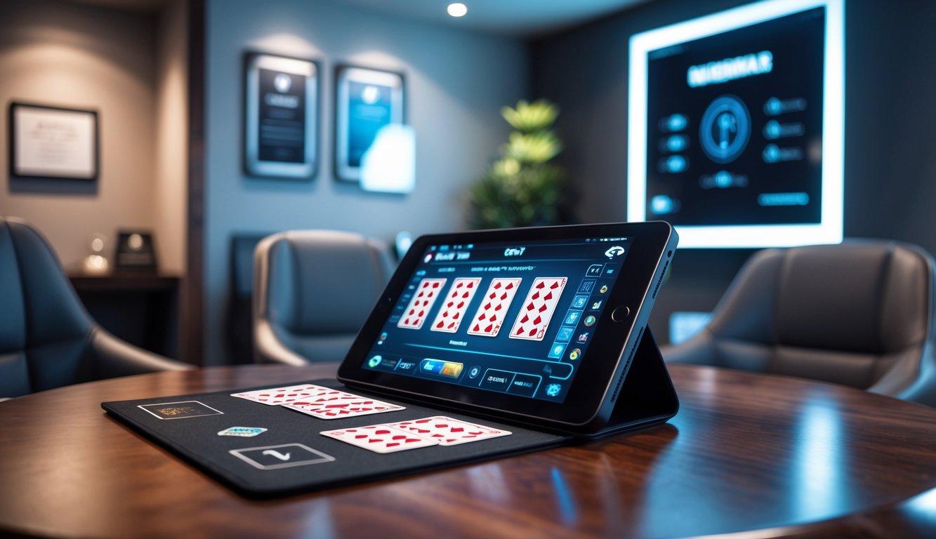 Sebuah ruangan permainan pribadi dengan meja kayu, perangkat digital menampilkan permainan kartu, dan kursi yang nyaman, dengan pencahayaan lembut dan suasana yang rapi.