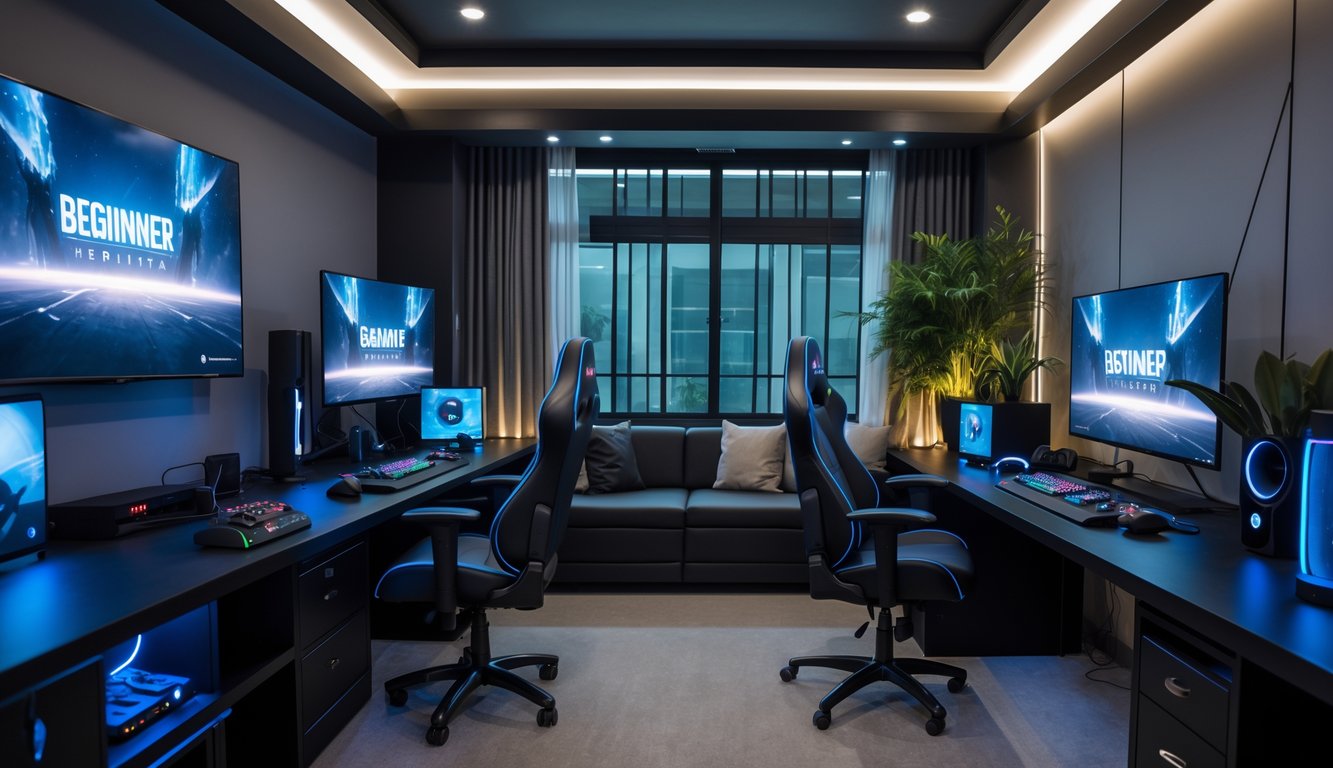 Ruangan gaming pribadi yang nyaman dengan peralatan modern dan pencahayaan hangat.