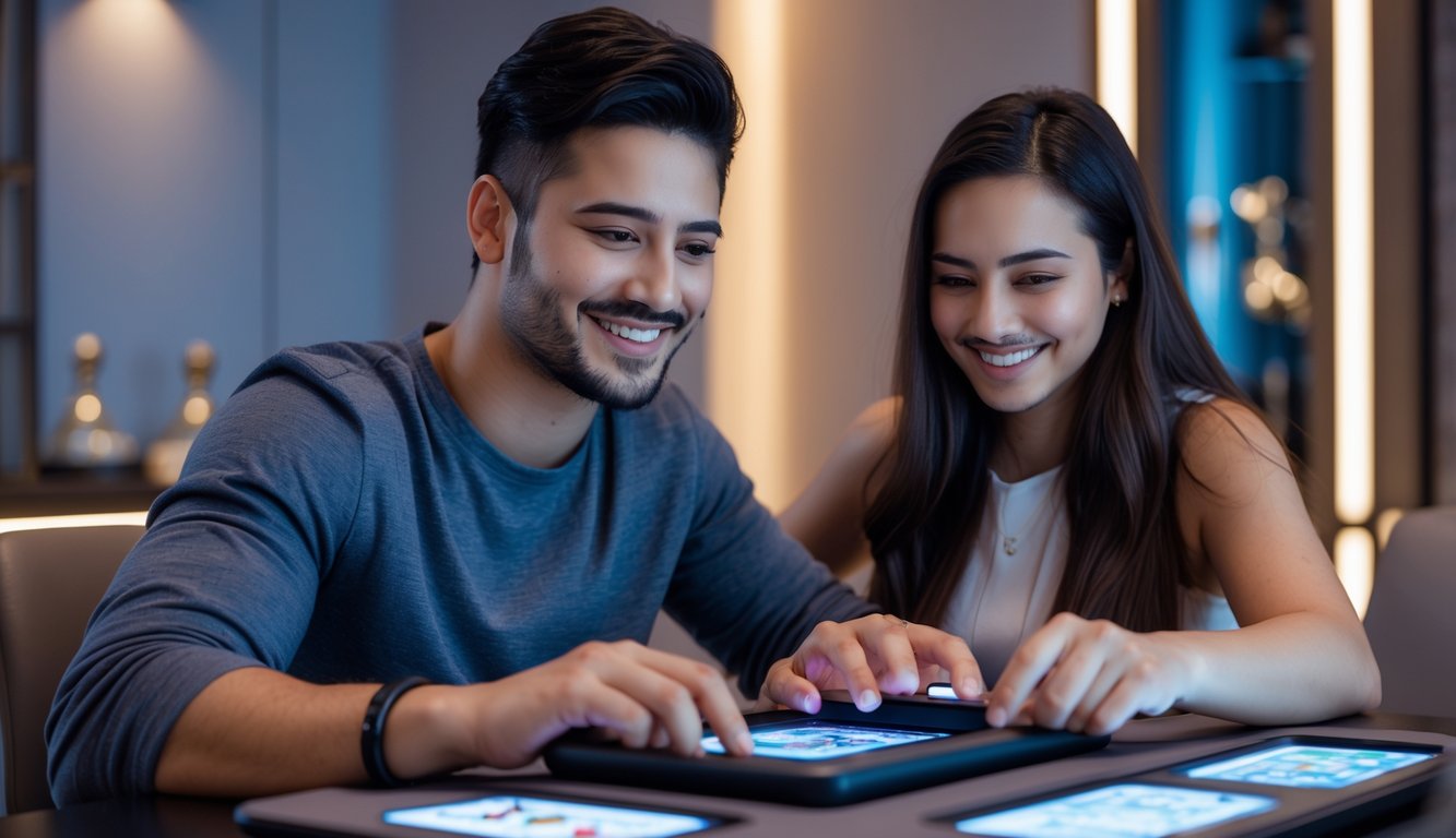 Dua orang muda sedang duduk bersama di meja permainan di sebuah ruangan pribadi yang nyaman, fokus pada perangkat digital mereka dengan ekspresi senang.