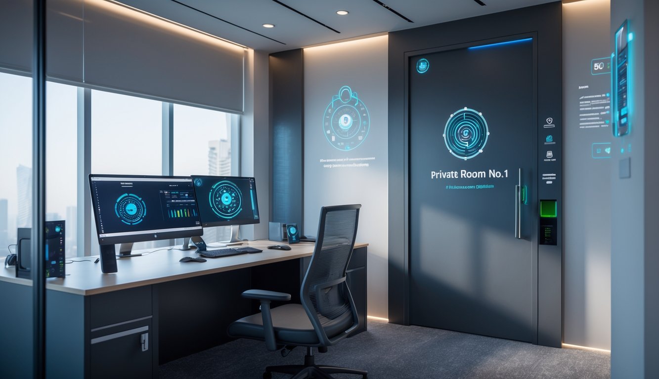 Sebuah ruangan kantor pribadi modern dengan meja, laptop, dan perangkat keamanan yang menunjukkan suasana kerja yang aman dan terpercaya.