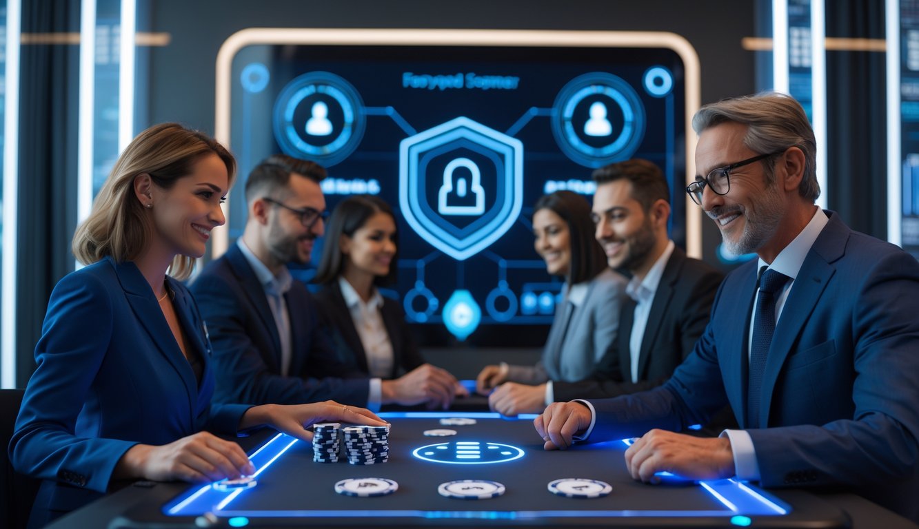 Sekelompok orang dewasa bermain kartu di ruang privat yang modern dengan suasana aman dan nyaman.