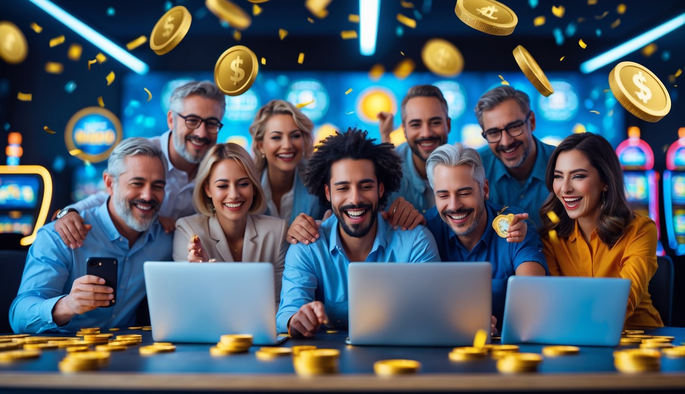 Sekelompok orang dewasa yang senang bermain permainan kasino online dengan laptop dan ponsel di lingkungan modern yang cerah dan menyenangkan.