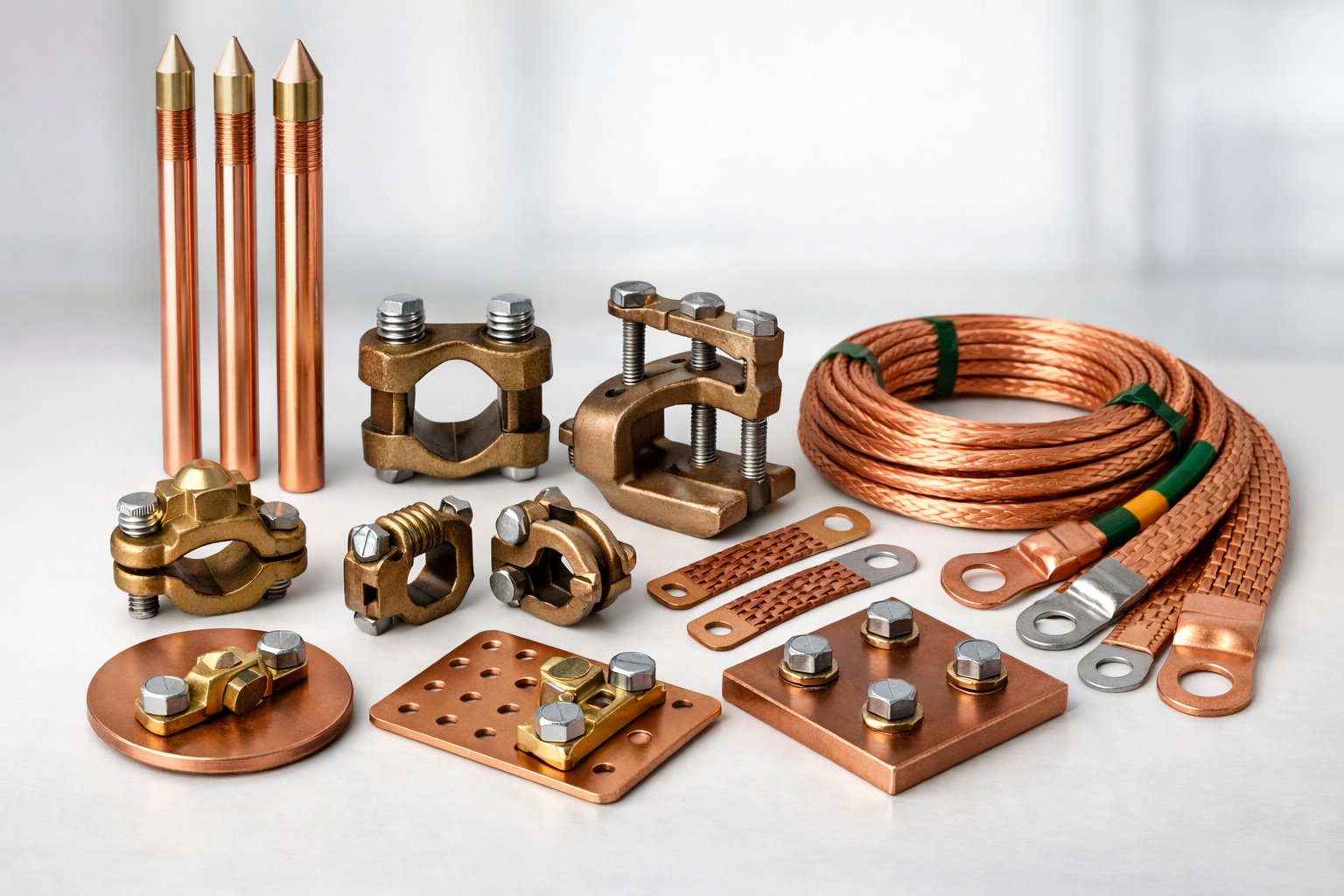 A collection of electrical grounding products including copper rods, clamps, wires, and plates arranged on a white surface.