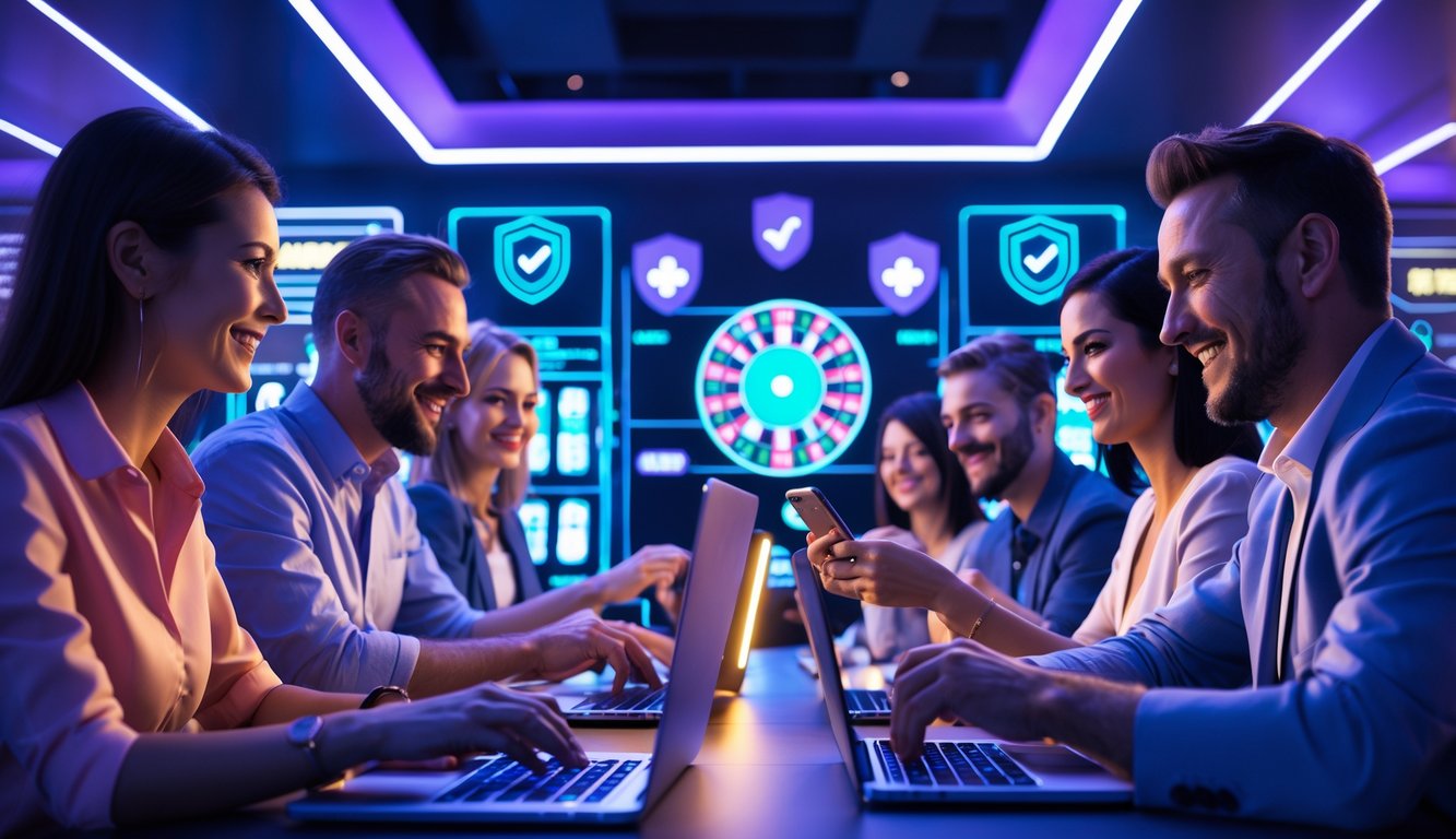 Sekelompok orang bermain permainan kasino online dengan perangkat digital di lingkungan modern yang cerah dan aman.