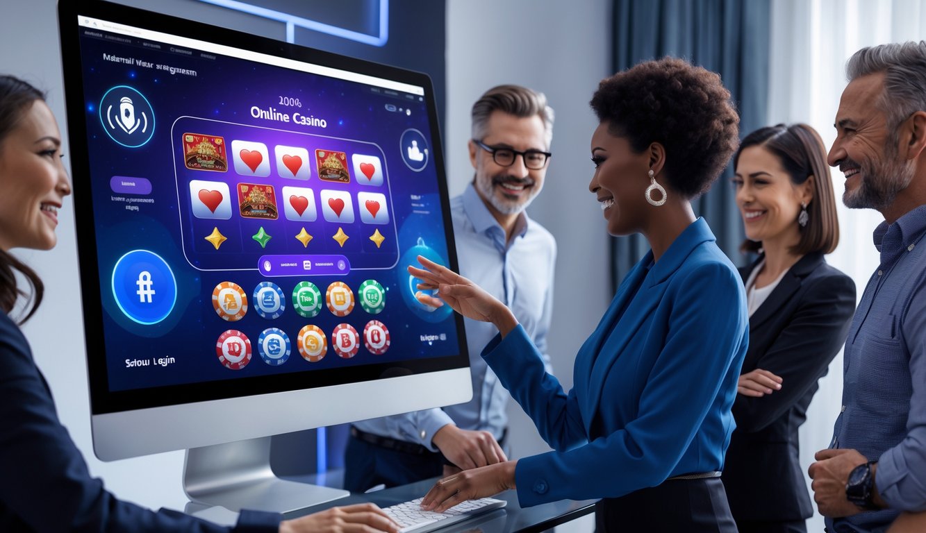 Orang-orang sedang menggunakan platform kasino online di komputer di ruangan modern yang nyaman.