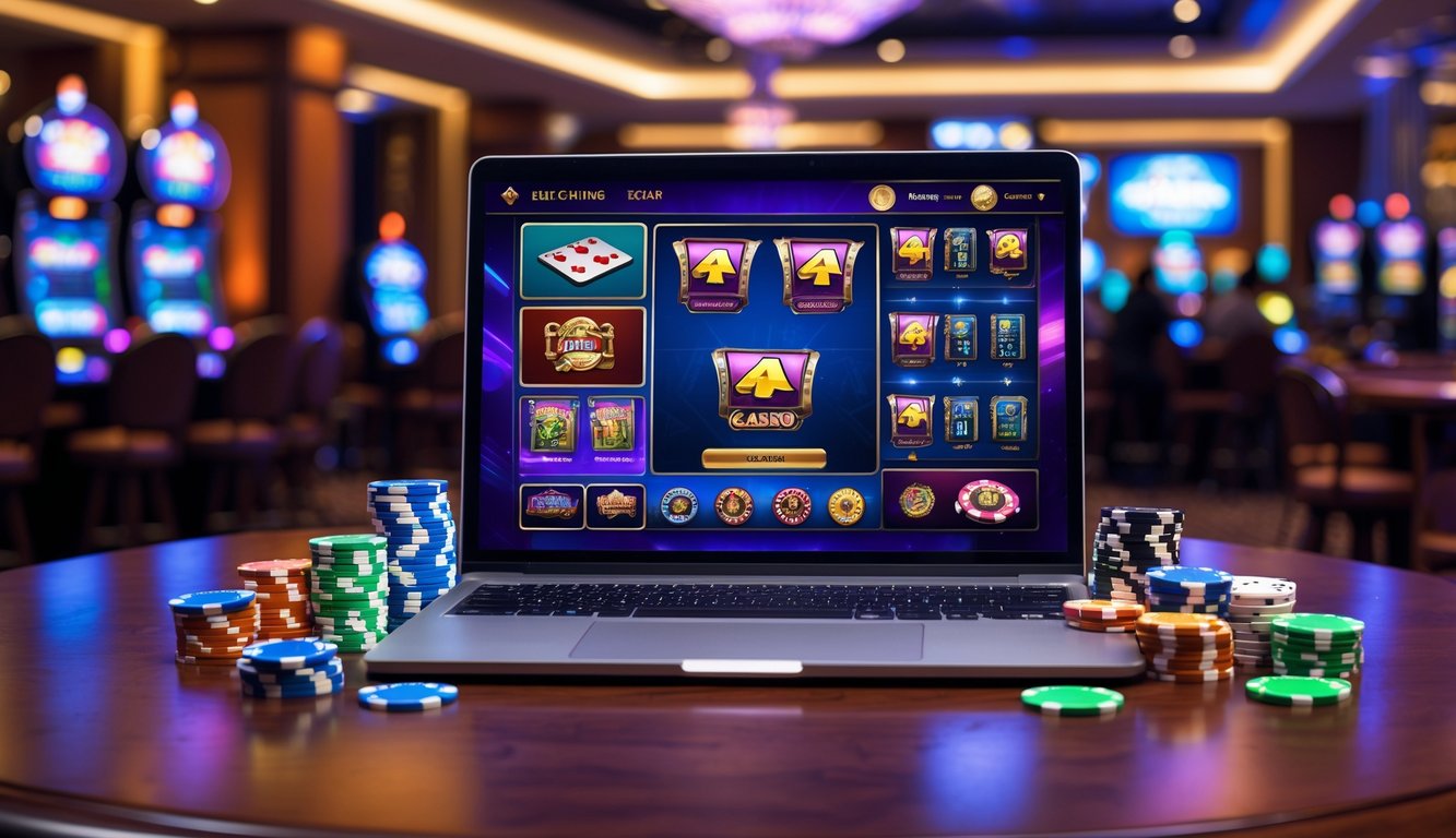 Sebuah laptop dengan tampilan permainan kasino online di atas meja kayu, dikelilingi chip kasino dan kartu remi.
