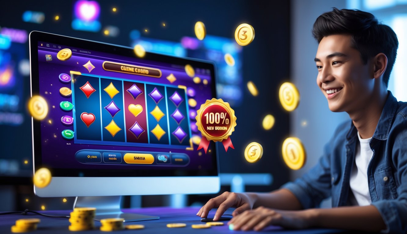 Seorang pemain muda tersenyum sambil menggunakan laptop yang menampilkan permainan kasino online dengan chip dan kartu di layar, di ruang kerja yang terang dan rapi.