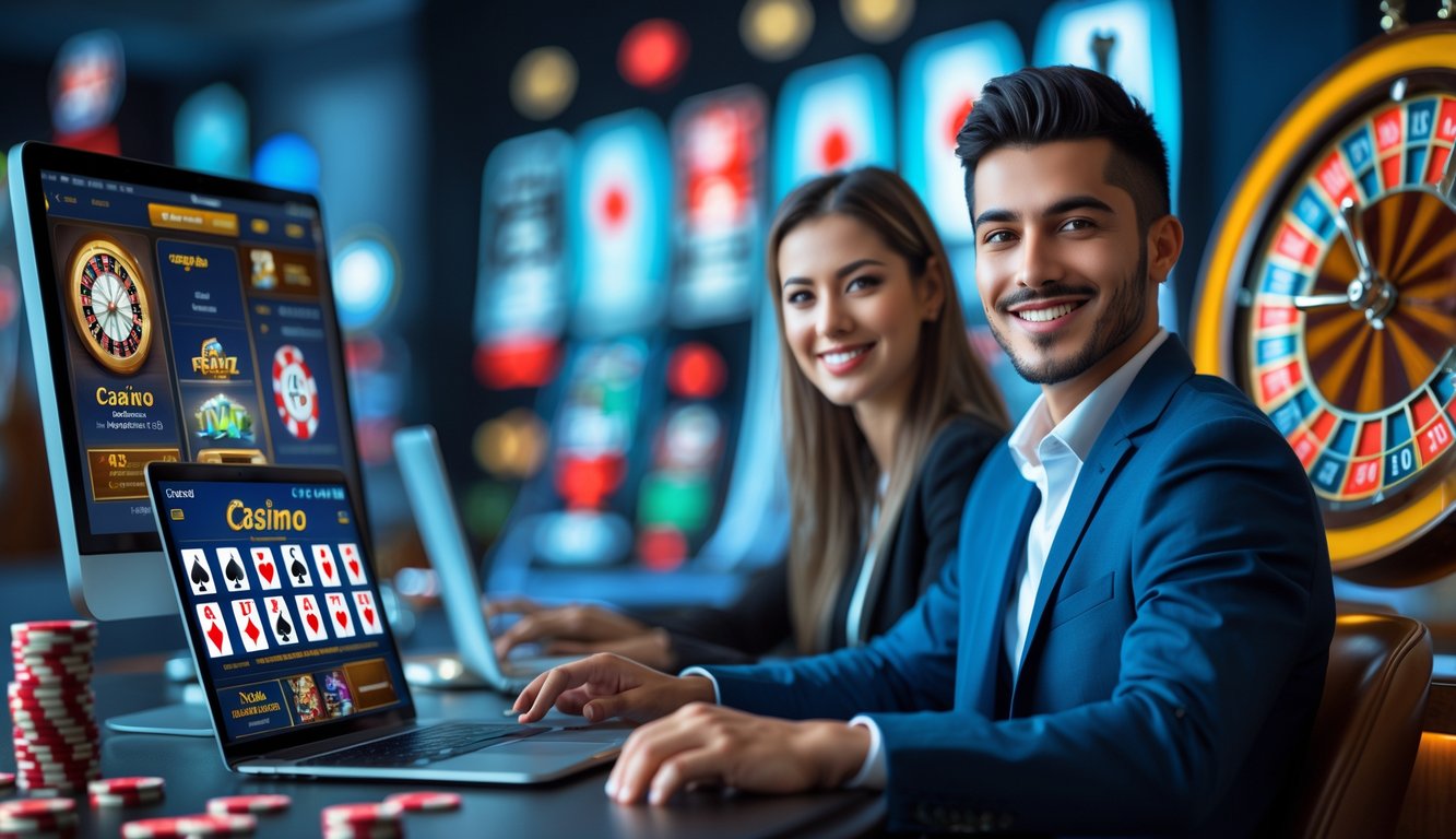 Dua orang muda tersenyum duduk berdampingan di depan perangkat digital dengan latar belakang elemen kasino seperti kartu dan chip.