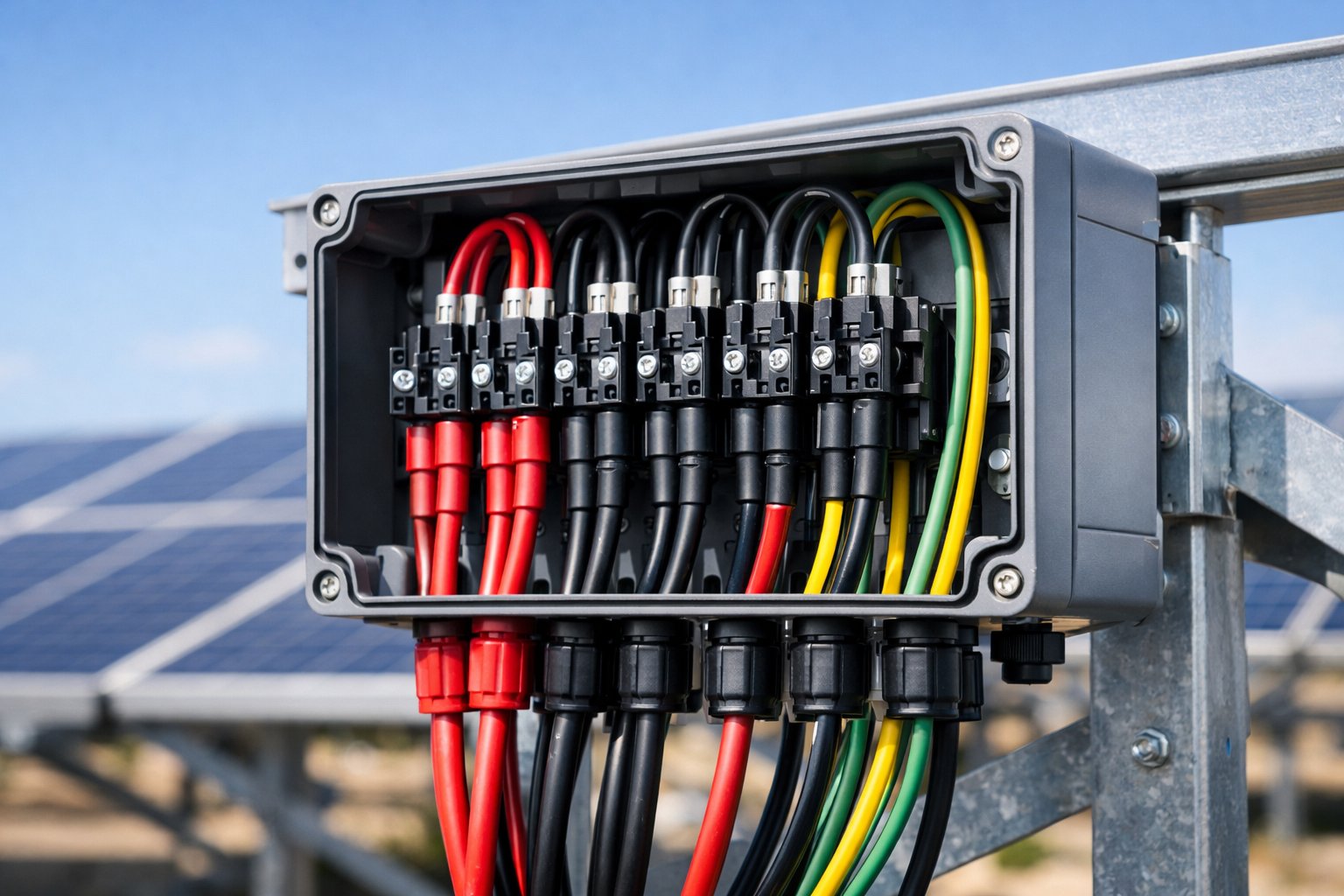 Close-up of a DC combiner box with electrical cables connected, mounted near solar panels under a clear sky.