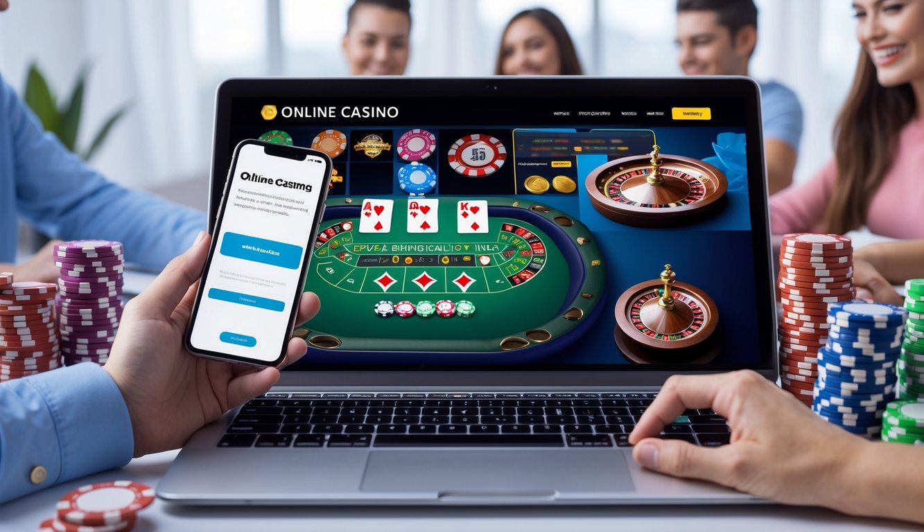 Orang-orang muda menikmati permainan kasino online dengan laptop dan ponsel dalam suasana yang cerah dan nyaman.