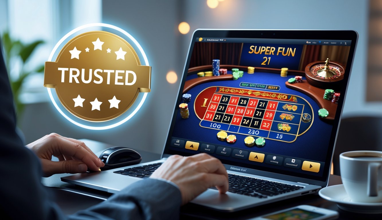 Seorang pemain sedang bermain game kasino online Super Fun 21 di depan layar komputer dengan meja blackjack digital dan chip kartu yang terlihat jelas.