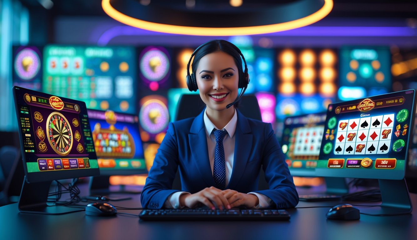 Seorang agen kasino online yang ramah duduk di meja dengan beberapa layar komputer menampilkan permainan kasino digital, siap membantu pelanggan dalam suasana kantor modern yang terang.