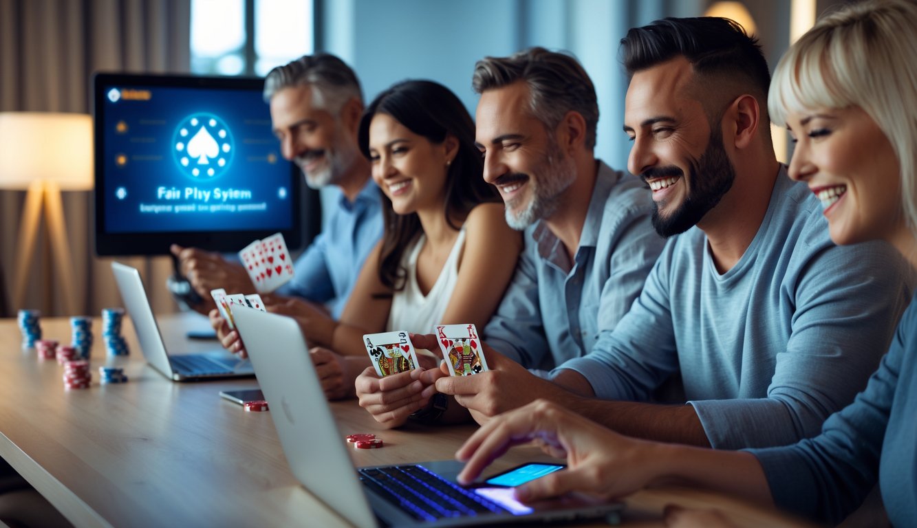 Sekelompok orang bermain permainan kartu online di rumah dengan suasana ceria dan perangkat digital.