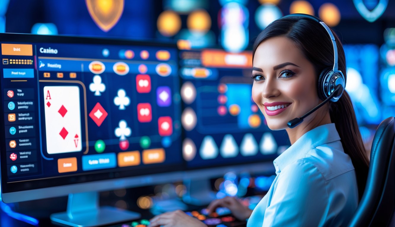 Seorang agen layanan pelanggan tersenyum di depan layar komputer yang menampilkan elemen kasino online seperti kartu dan chip.