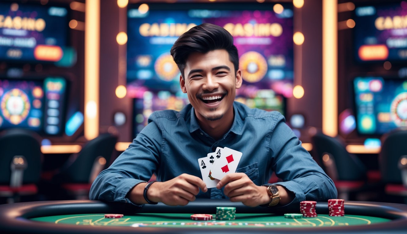 Seseorang muda yang bahagia duduk di meja permainan kasino dengan kartu dan chip poker di tangan, merayakan kemenangan.