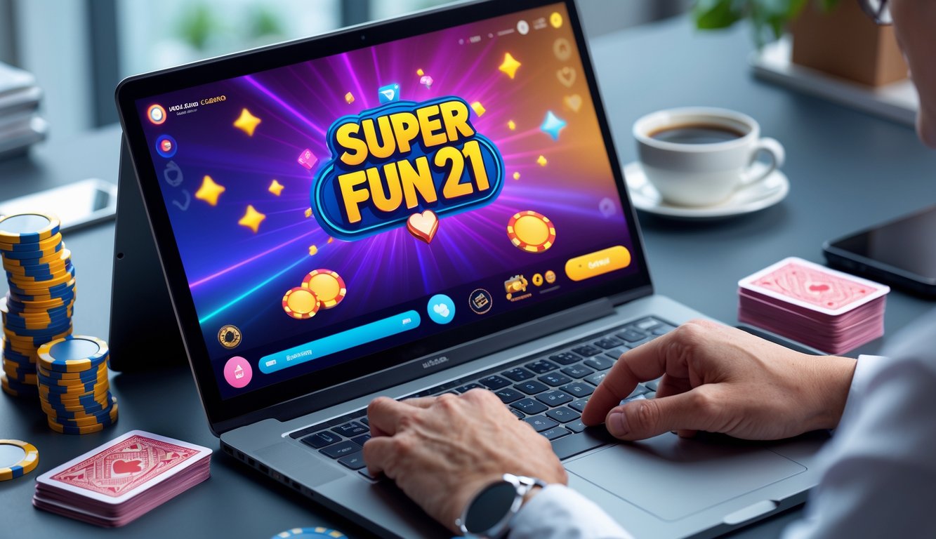 Seorang pemain sedang bermain permainan kartu Super Fun 21 di komputer dengan tumpukan chip di meja yang rapi.