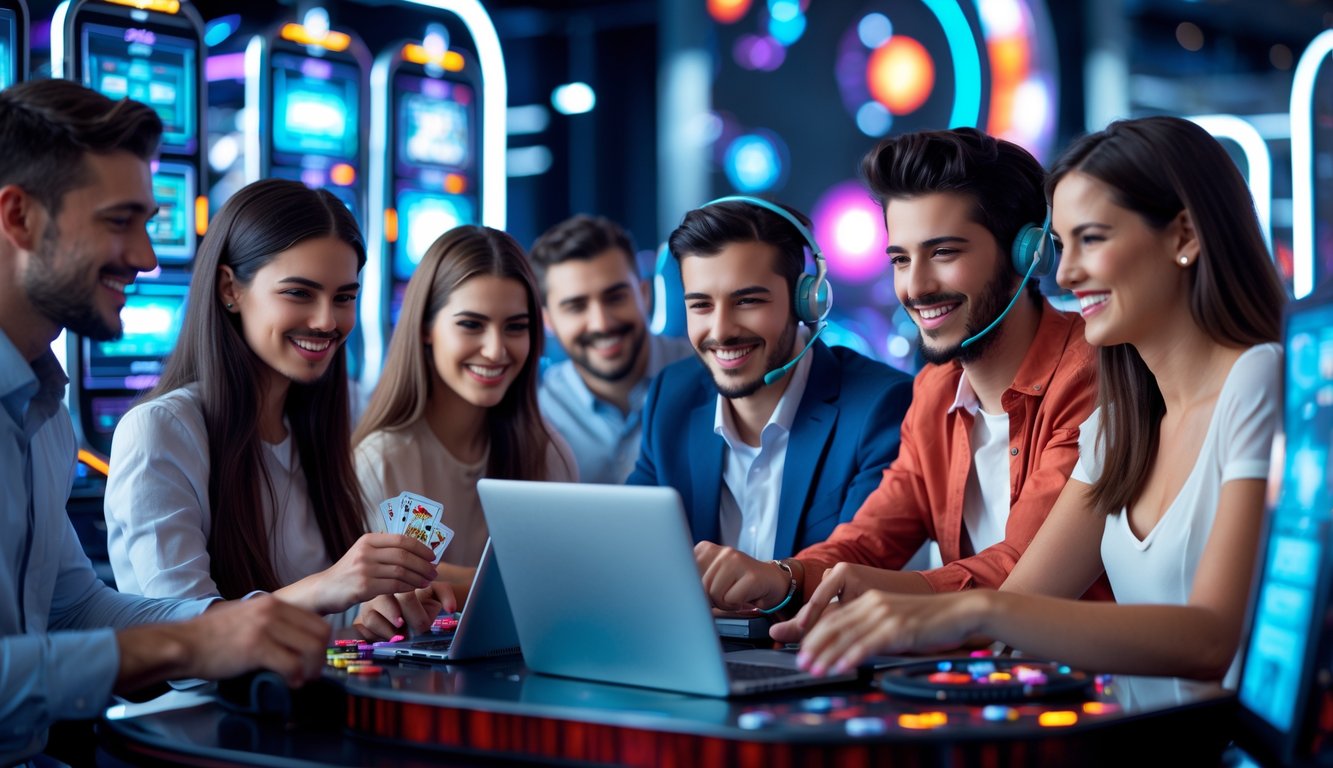 Sekelompok orang muda bermain permainan kasino online dengan perangkat digital, ditemani oleh staf layanan pelanggan yang ramah.