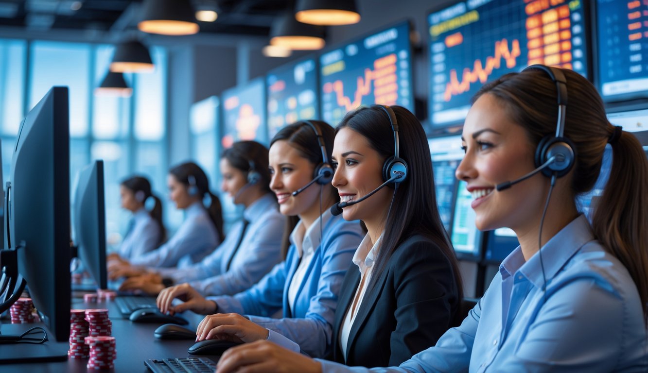 Tim layanan pelanggan kasino online yang ramah sedang bekerja di kantor modern dengan komputer dan headset.