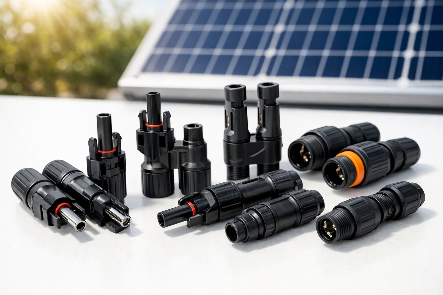 Close-up of various solar connectors placed on a white surface with a solar panel and sunlight in the background.