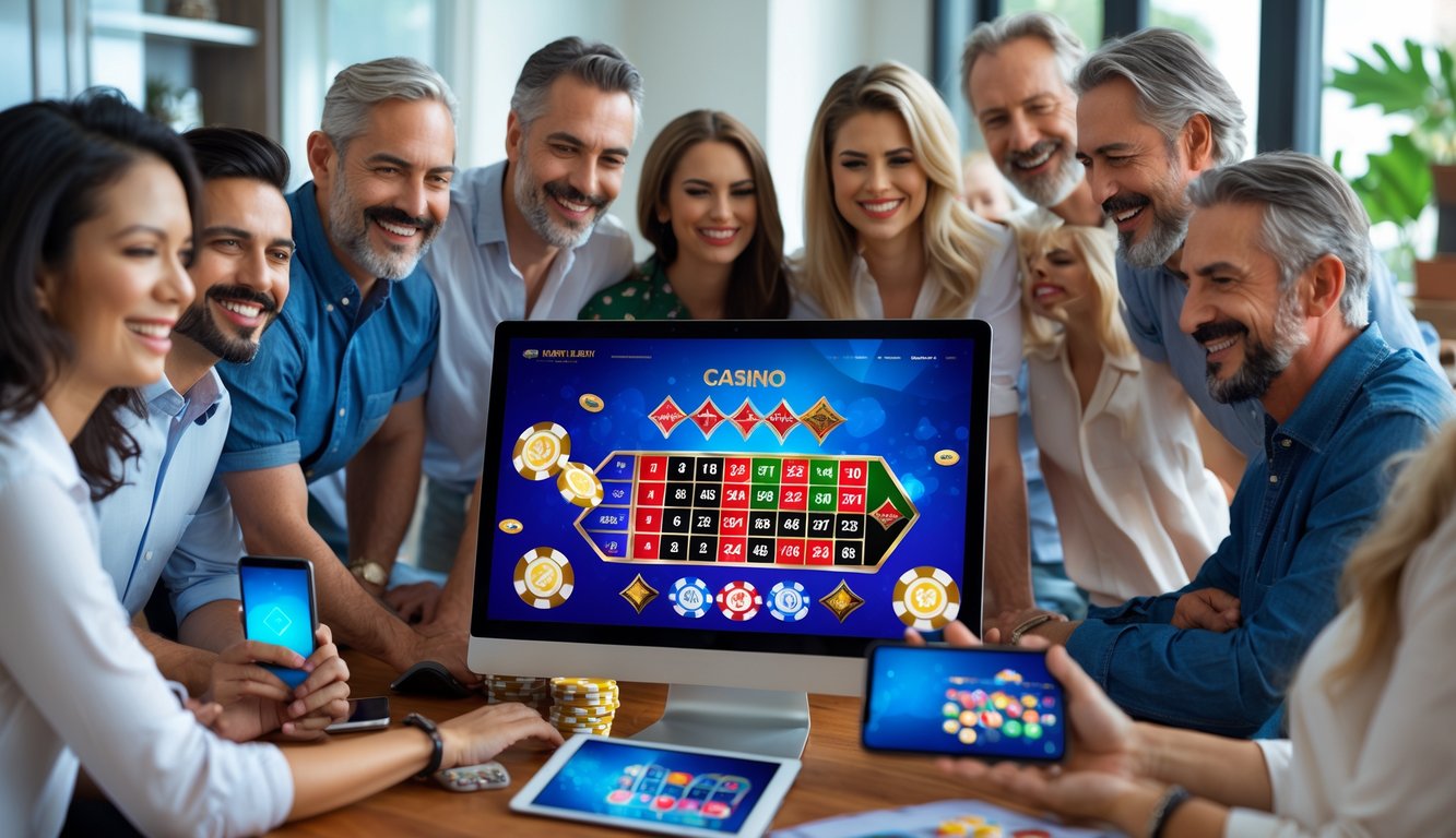 Sekelompok orang sedang bermain permainan kasino online dengan komputer dan ponsel di ruangan yang nyaman.