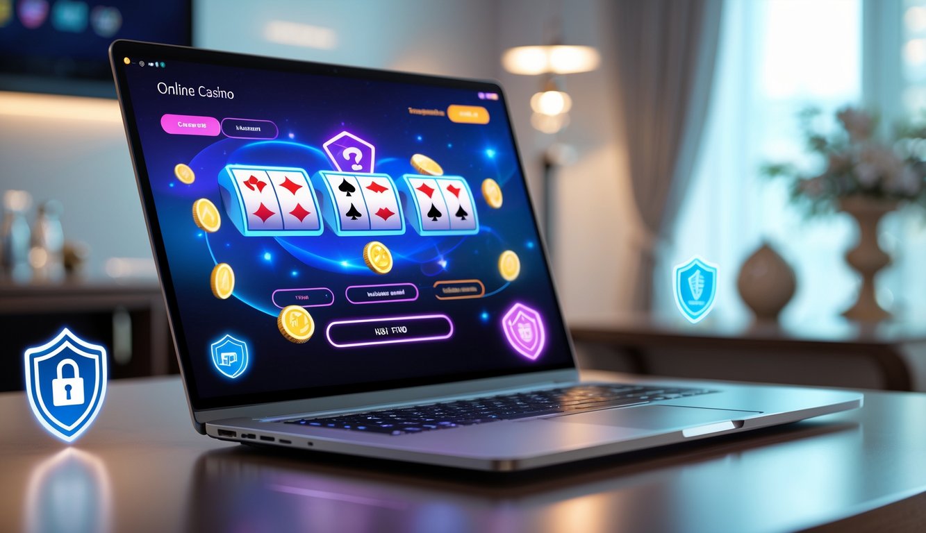 Suasana kasino online dengan layar komputer menampilkan permainan kartu dan chip, di atas meja kayu dengan pencahayaan lembut.