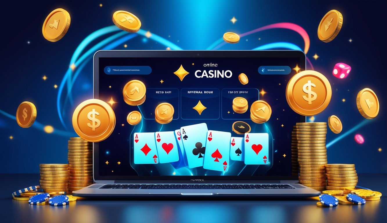 Sebuah laptop atau ponsel menampilkan permainan kasino online dengan kartu, chip poker, dan dadu di sekitarnya, menunjukkan suasana kasino yang menyenangkan dan terpercaya.