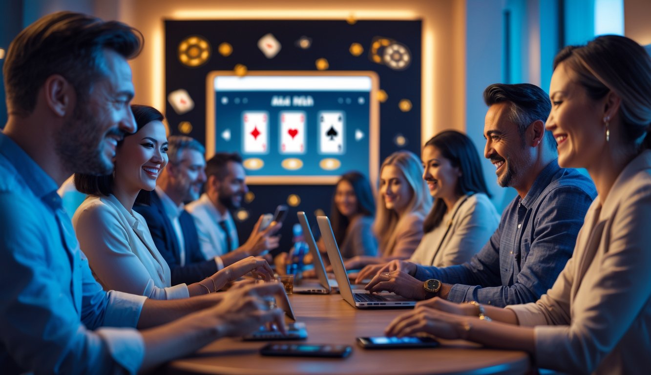 Sekelompok orang dewasa bermain permainan kasino online dengan laptop dan ponsel di ruangan modern yang terang dan menyenangkan.