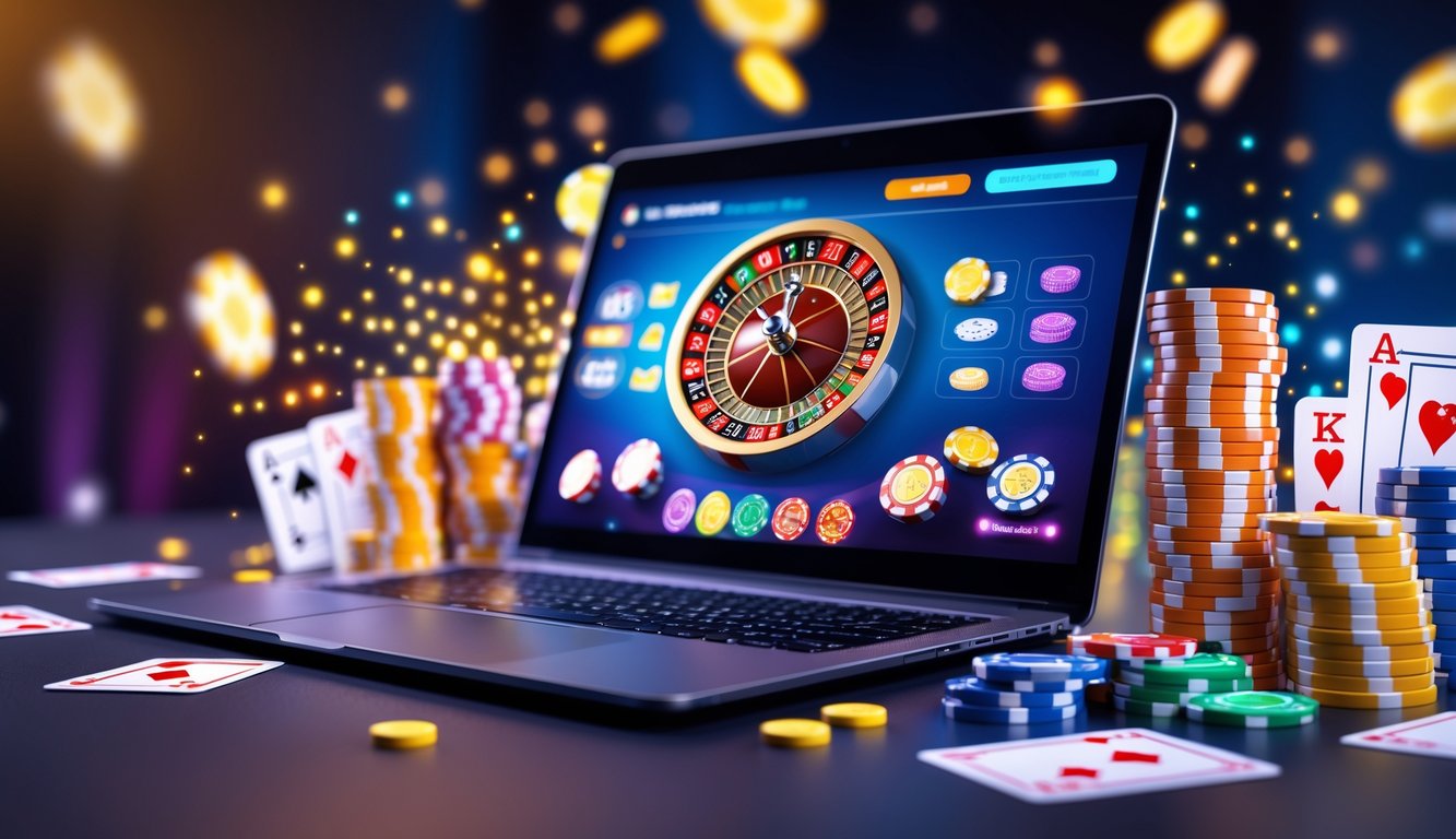 Seseorang menggunakan komputer dengan tampilan permainan kasino online yang penuh warna dan elemen kartu serta chip poker di sekitarnya.
