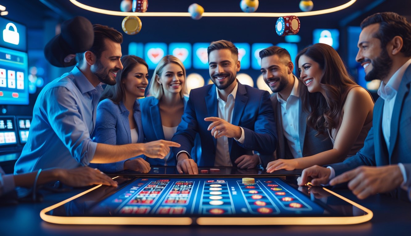 Sekelompok orang dewasa sedang bermain permainan kasino online di depan layar digital dengan suasana yang menyenangkan dan aman.