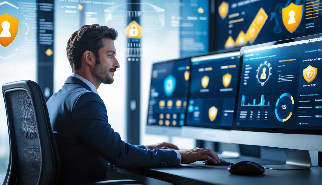 Seorang agen kasino online yang percaya diri bekerja di kantor modern dengan beberapa layar komputer yang menampilkan grafik kasino dan sistem keamanan.