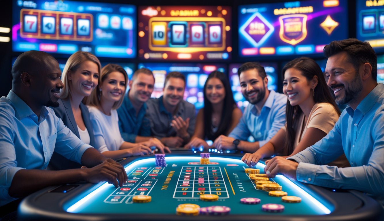 Sekelompok orang bermain permainan kasino online di meja digital dengan layar besar di latar belakang.