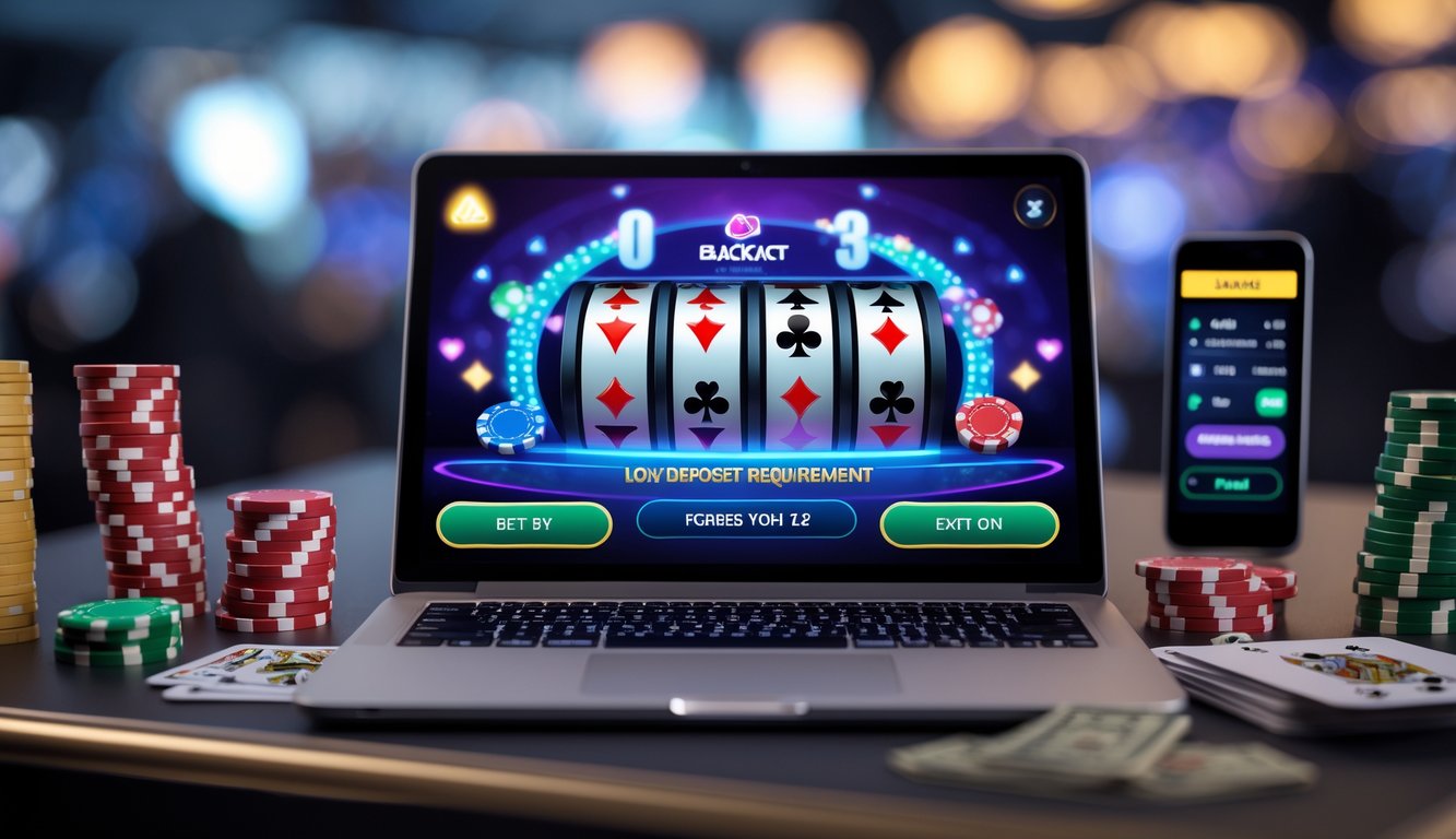 Seorang pengguna duduk di depan laptop yang menampilkan permainan kartu 21 online dengan tumpukan chip dan kartu di meja.