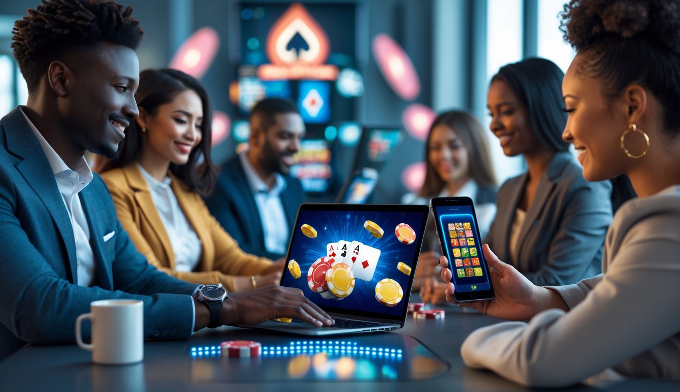 Sekelompok orang menggunakan laptop dan ponsel untuk bermain kasino online dalam ruangan yang terang dan modern.