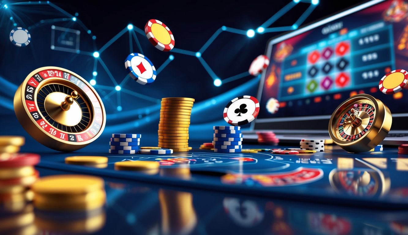 Antarmuka digital kasino online dengan chip poker, kartu remi, dan roda roulette yang berwarna-warni dan bercahaya, menggambarkan suasana promosi yang menyenangkan dan terpercaya.