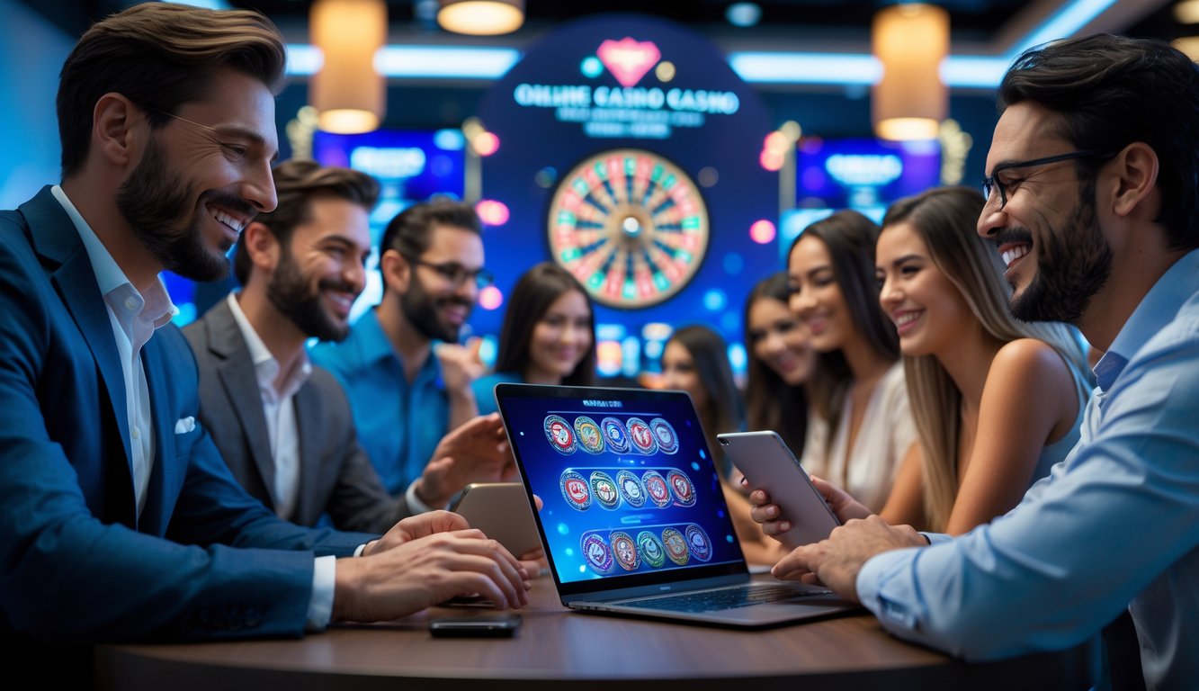 Beberapa orang sedang menggunakan perangkat digital untuk bermain permainan kasino online dengan suasana ceria dan penuh semangat.