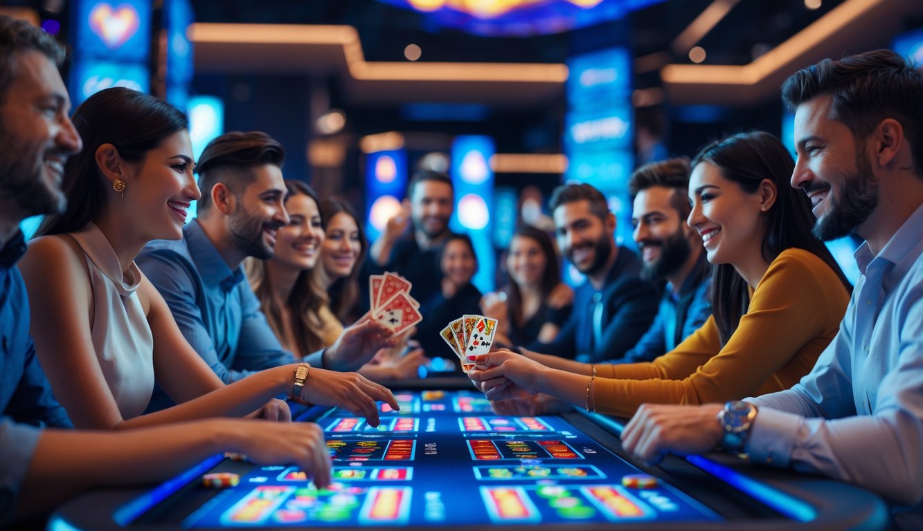 Beberapa orang sedang bermain permainan kasino online dengan layar komputer dan kartu virtual di meja digital.