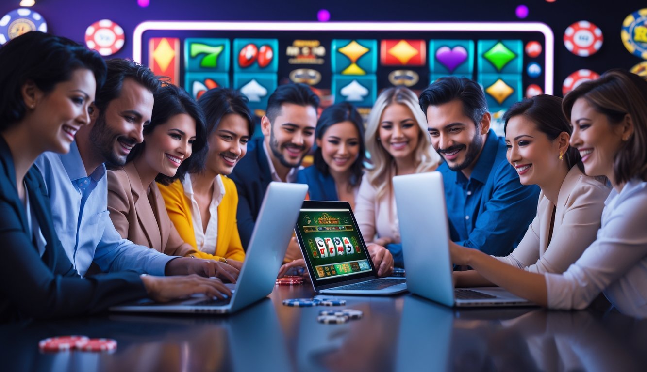 Beberapa orang bermain permainan kasino online menggunakan perangkat digital di lingkungan yang cerah dan modern.