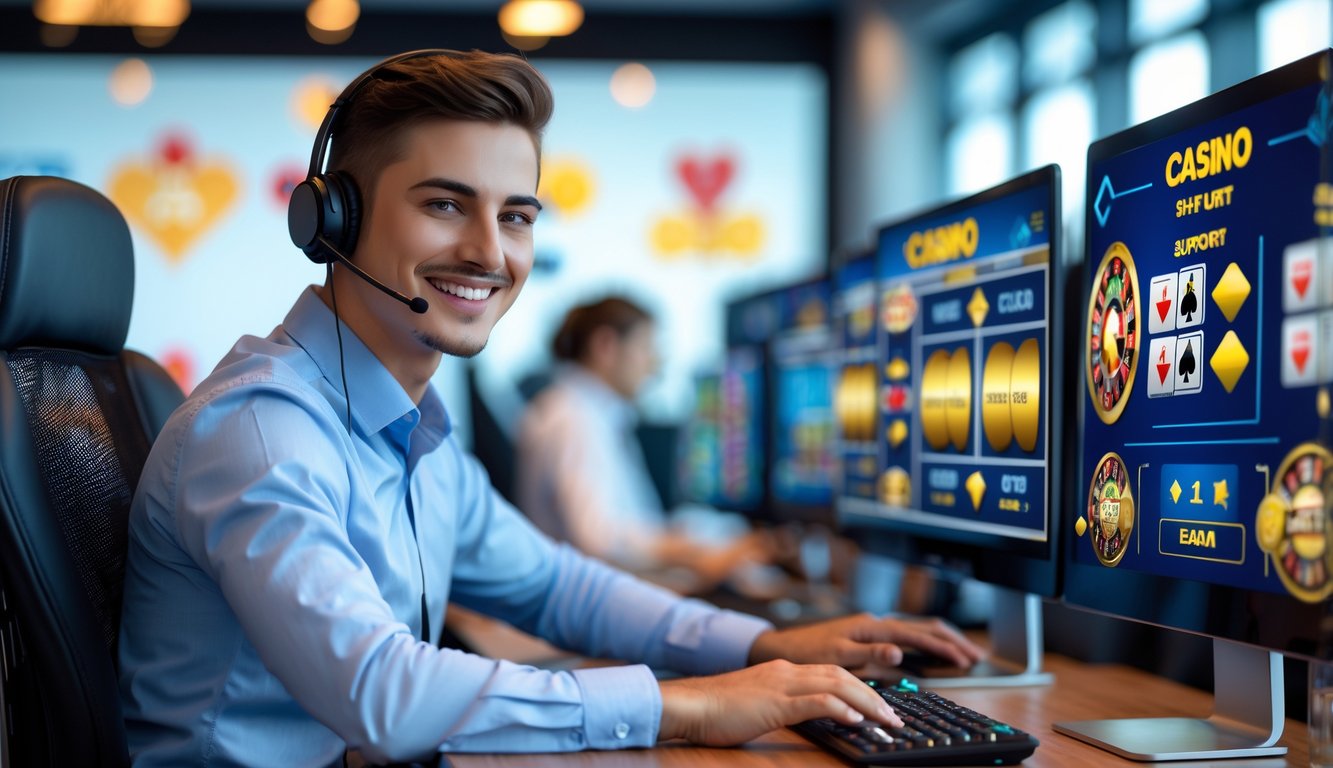 Seorang agen layanan pelanggan yang ramah sedang bekerja dengan headset di depan komputer di kantor modern.