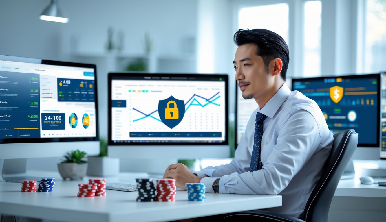 Seorang pria Asia duduk di meja dengan beberapa layar komputer menampilkan antarmuka kasino online dan grafik data, di ruang kantor yang terang dan modern.