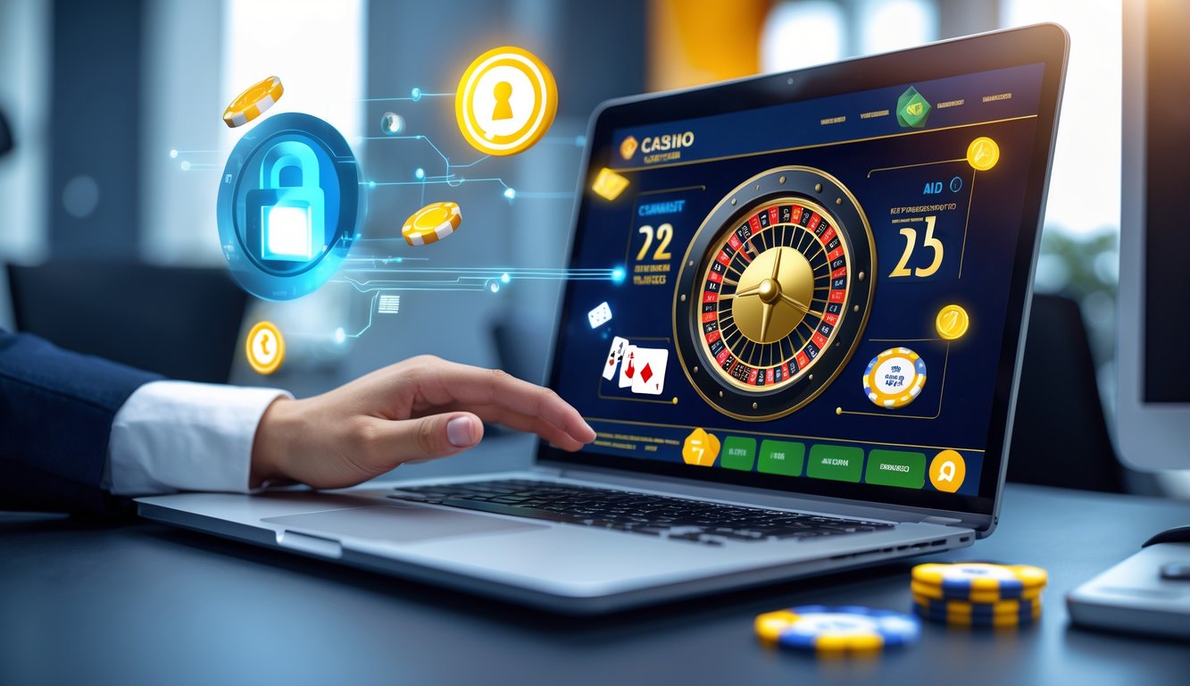 Seseorang menggunakan laptop dengan tampilan permainan kasino online di meja kerja yang modern dan terang.