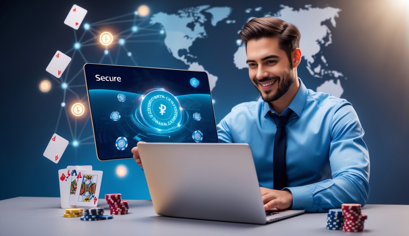 Seorang agen kasino online duduk di depan laptop dengan tampilan platform kasino digital, dikelilingi oleh elemen kartu dan chip poker, menunjukkan transaksi cepat dan mudah.