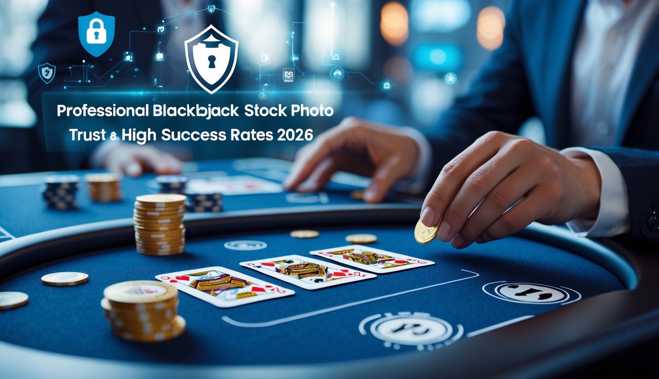 Tampilan meja blackjack digital dengan kartu dan chip dalam suasana permainan online yang profesional dan terpercaya.