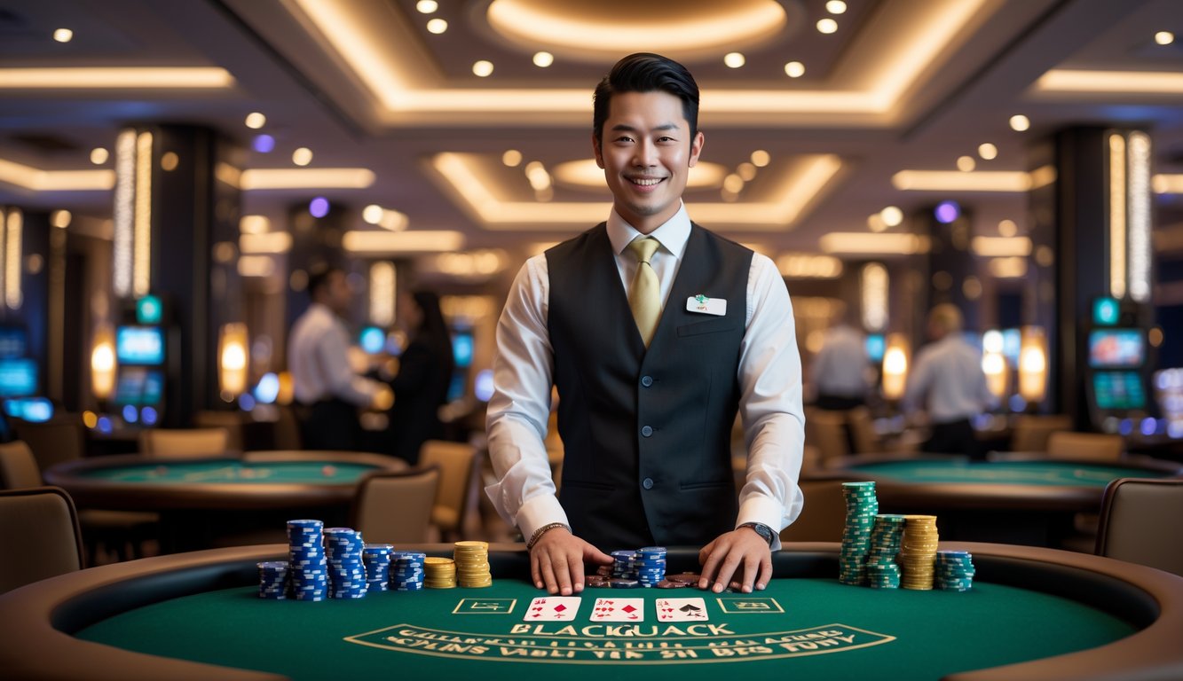 Seorang dealer kasino pria berdiri di belakang meja blackjack dengan kartu dan chip di atas meja di dalam ruangan kasino yang mewah.