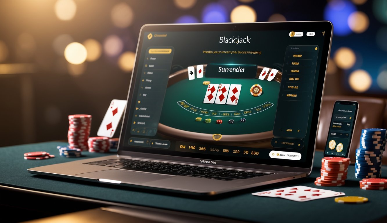 Sebuah meja dengan laptop yang menampilkan permainan blackjack online, dikelilingi oleh chip poker dan kartu remi.