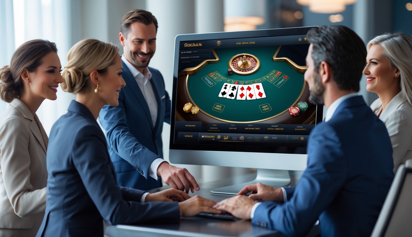 Orang-orang memakai pakaian rapi sedang bermain blackjack online di komputer dengan suasana yang profesional dan percaya.