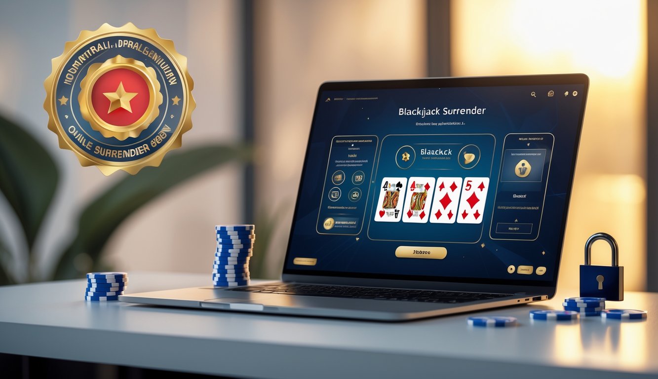 Sebuah meja kerja dengan komputer menampilkan permainan blackjack online, dikelilingi simbol kepercayaan dan keamanan, dengan latar belakang yang hangat dan profesional.